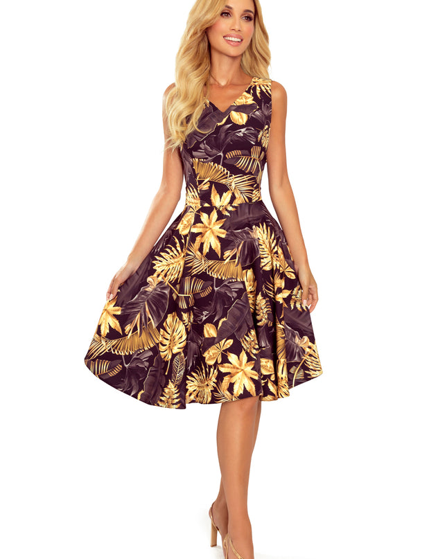 14749-13-114-13 Ausgestelltes Kleid - herzförmiger Ausschnitt - Goldene Blätter-13
