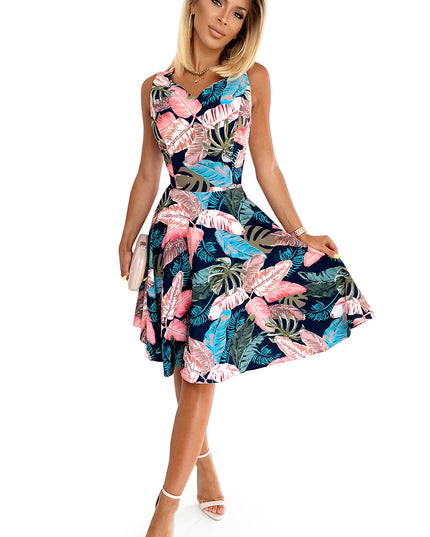 16729-7-114-17 Ausgestelltes Kleid - herzförmiger Ausschnitt - Marineblau mit rosa Blättern-7
