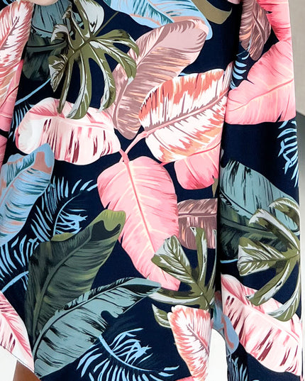 16729-5-114-17 Ausgestelltes Kleid - herzförmiger Ausschnitt - Marineblau mit rosa Blättern-5