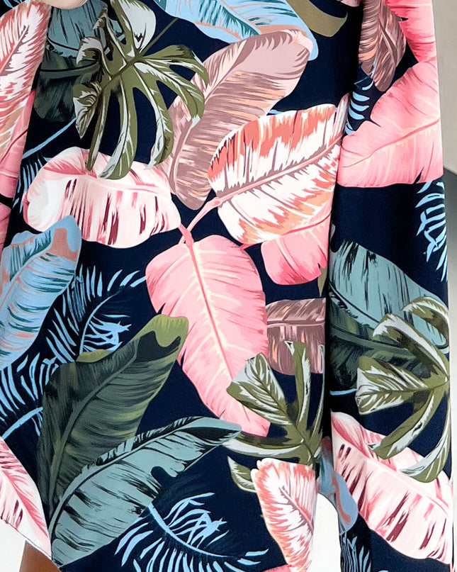 16729-5-114-17 Ausgestelltes Kleid - herzförmiger Ausschnitt - Marineblau mit rosa Blättern-5