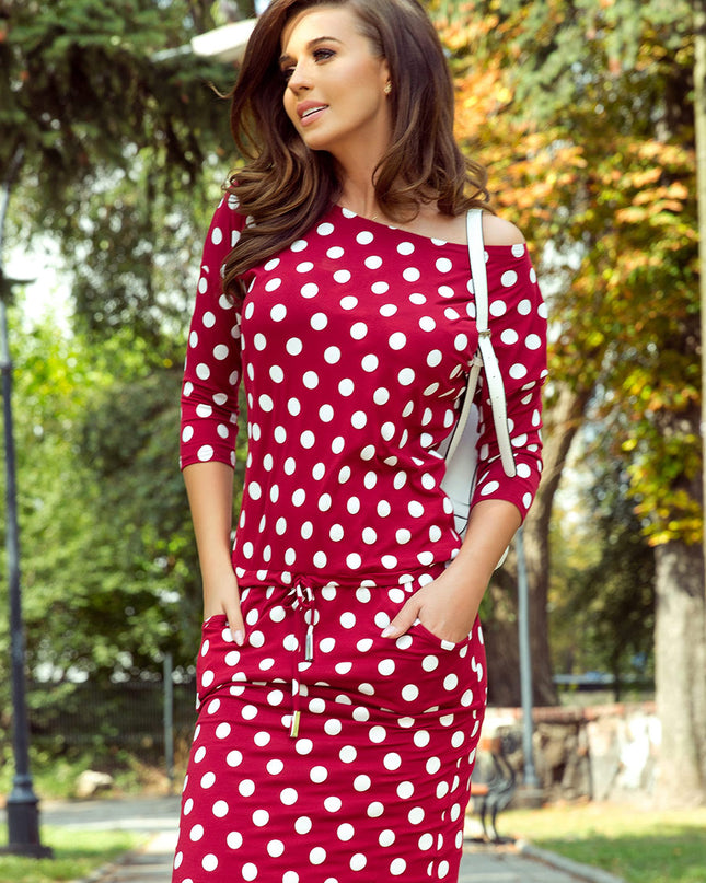 13654-1-13-111 Sportkleid mit Bindung und Taschen - Burgund + Tupfen-1