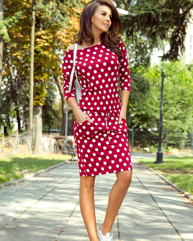 13654-3-13-111 Sportkleid mit Bindung und Taschen - Burgund + Tupfen-3
