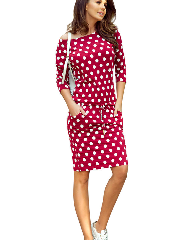 13654-7-13-111 Sportkleid mit Bindung und Taschen - Burgund + Tupfen-7