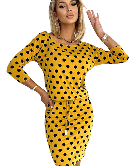 16871-7-13-152 Sportkleid mit Einfassung und Taschen - senf mit schwarzen Tupfen-7