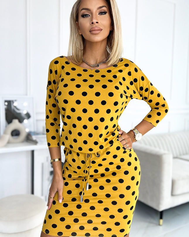 16871-3-13-152 Sportkleid mit Einfassung und Taschen - senf mit schwarzen Tupfen-3