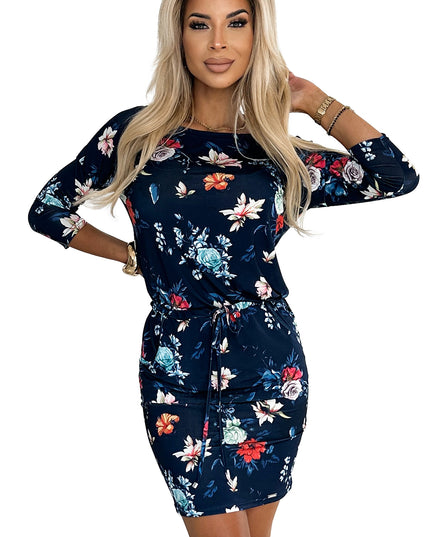 19316-7-13-160 Sportliches Kleid - bunte Blumen auf einem dunkelblauen Hintergrund-7