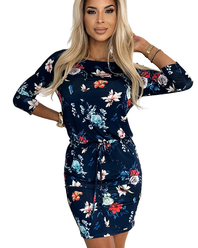 19316-7-13-160 Sportliches Kleid - bunte Blumen auf einem dunkelblauen Hintergrund-7