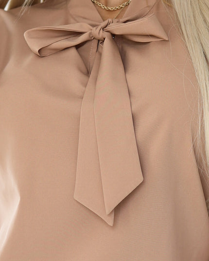 20137-6-Businessbluse mit langen Ärmeln und Bindebändern vorne - MOCHA MOUSSE-6