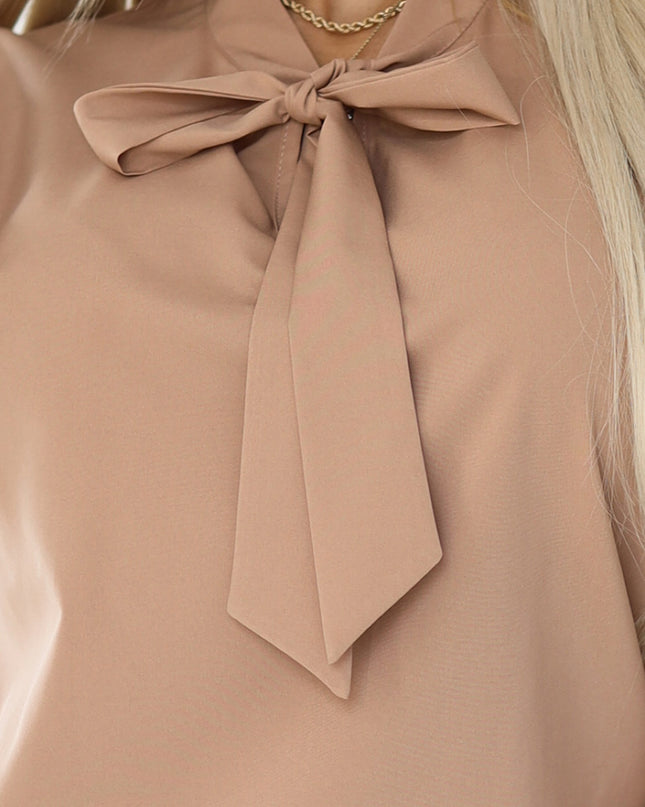 20137-6-Businessbluse mit langen Ärmeln und Bindebändern vorne - MOCHA MOUSSE-6