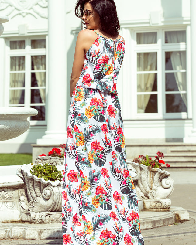 12648-2-191-4 Langes Kleid am Hals gebunden - Blumen auf weißem Hintergrund-2