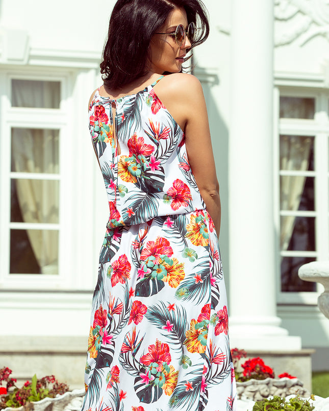 12648-4-191-4 Langes Kleid am Hals gebunden - Blumen auf weißem Hintergrund-4