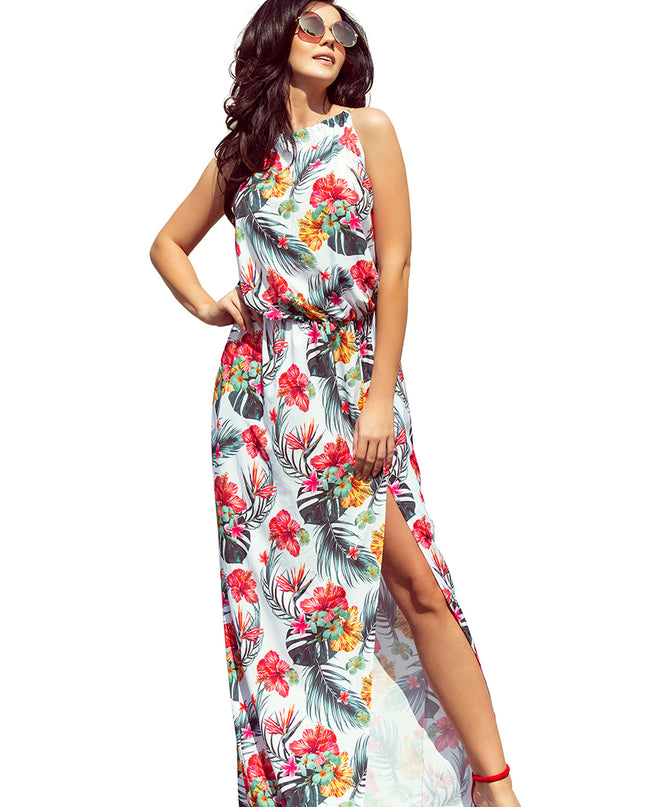 12648-6-191-4 Langes Kleid am Hals gebunden - Blumen auf weißem Hintergrund-6