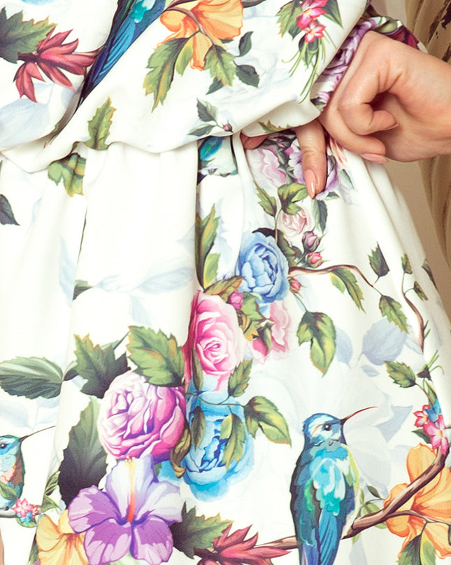 13188-6-191-6 Langes Kleid am Hals gebunden - bunte Rosen und blaue Vögel-6