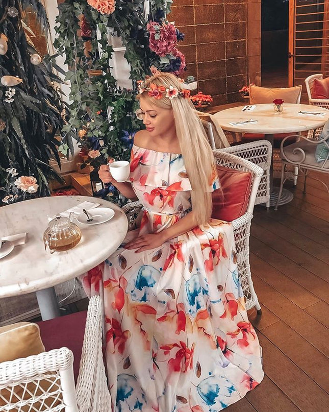 11813-8-194-1 Langes Kleid mit Rüschen - bunt gemalte Blumen-8