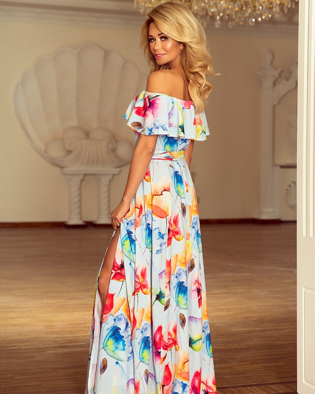 11813-2-194-1 Langes Kleid mit Rüschen - bunt gemalte Blumen-2