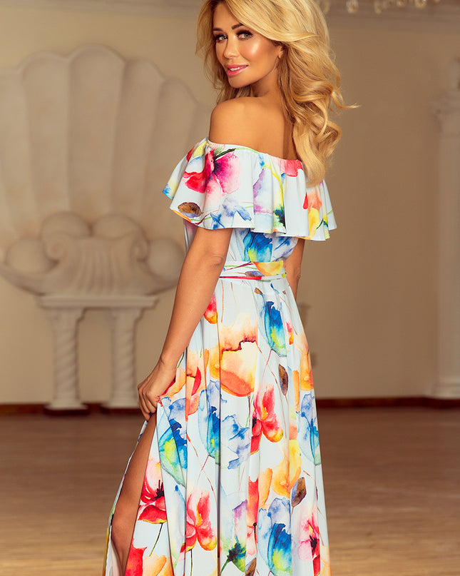 11813-4-194-1 Langes Kleid mit Rüschen - bunt gemalte Blumen-4