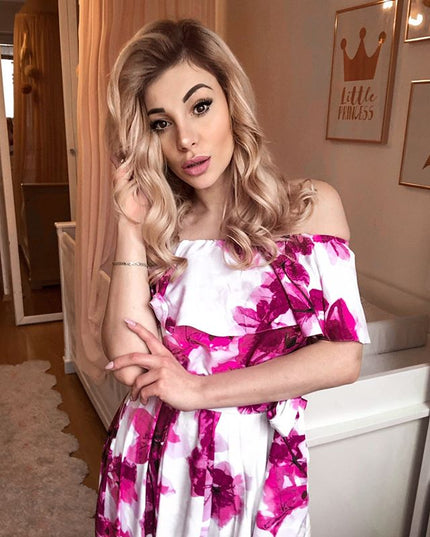 11823-9-194-2 Langes Kleid mit Rüschen - große rosa Blumen-9