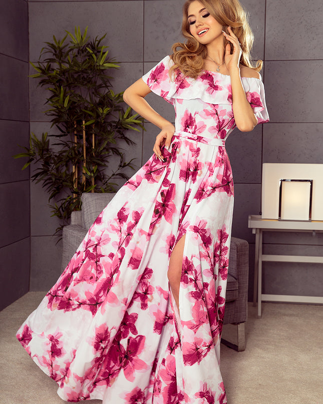 11823-1-194-2 Langes Kleid mit Rüschen - große rosa Blumen-1