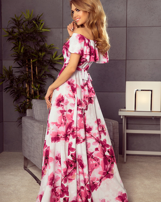 11823-2-194-2 Langes Kleid mit Rüschen - große rosa Blumen-2