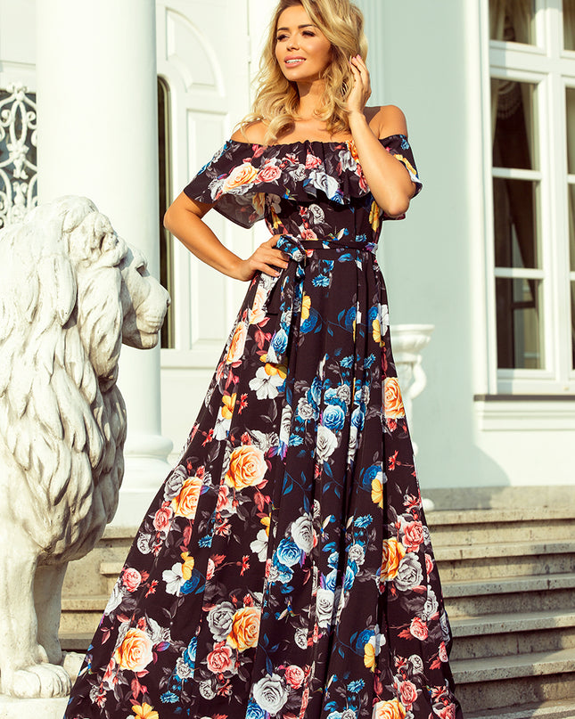 12725-1-194-3 Langes Kleid mit Rüschen - schwarz + bunte Blumen-1