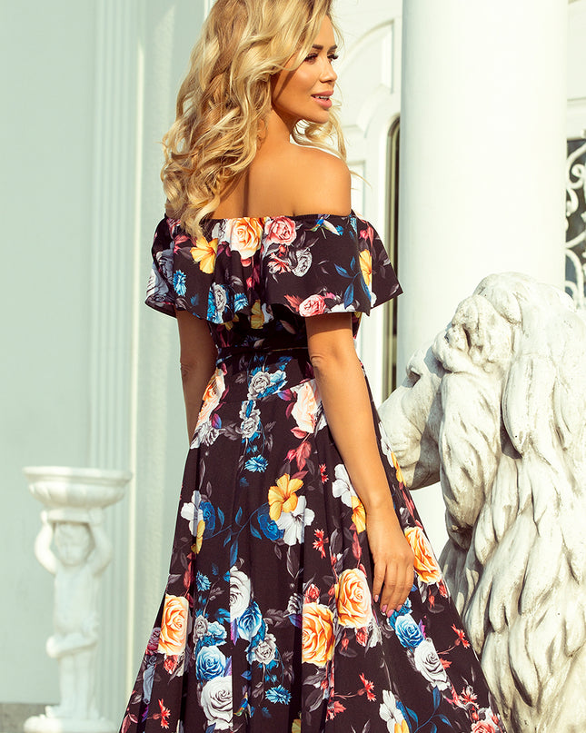 12725-4-194-3 Langes Kleid mit Rüschen - schwarz + bunte Blumen-4