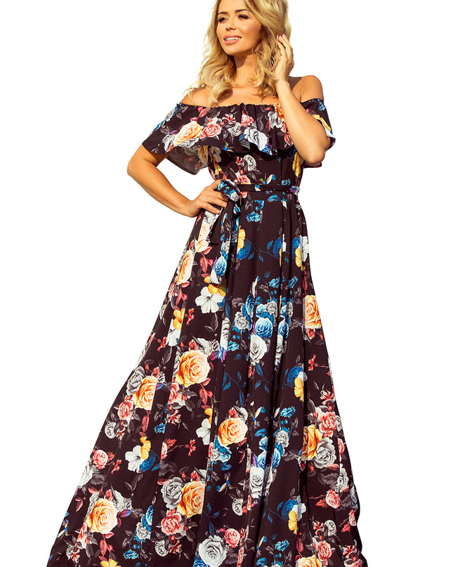 12725-5-194-3 Langes Kleid mit Rüschen - schwarz + bunte Blumen-5