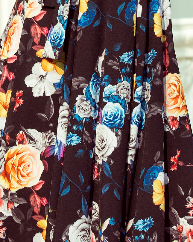 12725-6-194-3 Langes Kleid mit Rüschen - schwarz + bunte Blumen-6