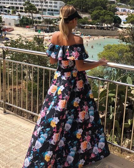 12725-7-194-3 Langes Kleid mit Rüschen - schwarz + bunte Blumen-7
