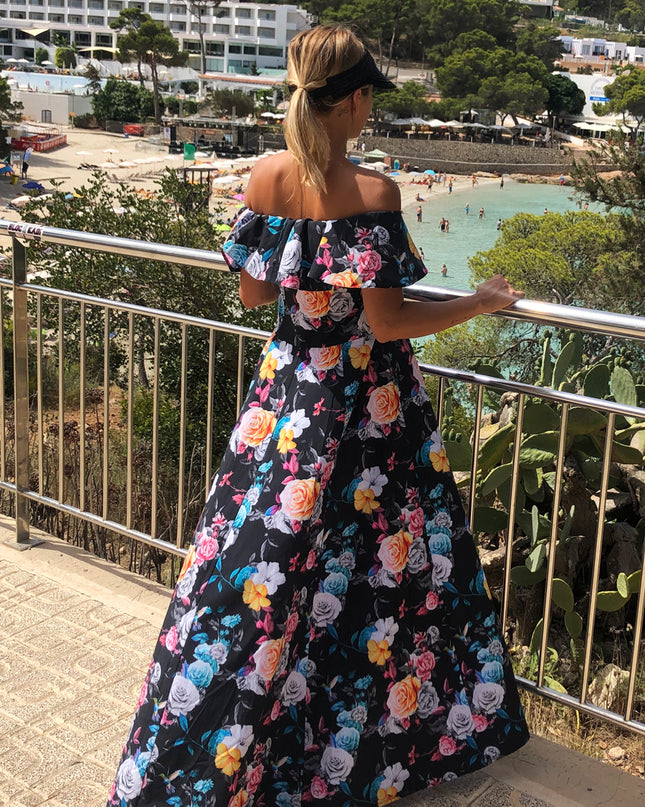 12725-7-194-3 Langes Kleid mit Rüschen - schwarz + bunte Blumen-7