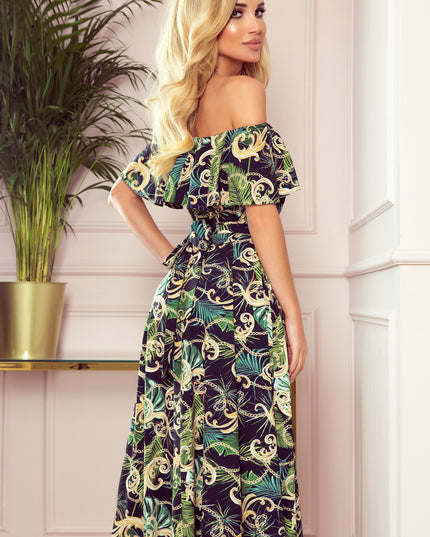 14019-2-194-4 Langes Kleid mit Rüschen - grüne Blätter und Goldketten-2