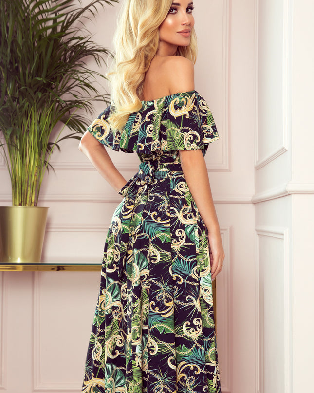 14019-2-194-4 Langes Kleid mit Rüschen - grüne Blätter und Goldketten-2