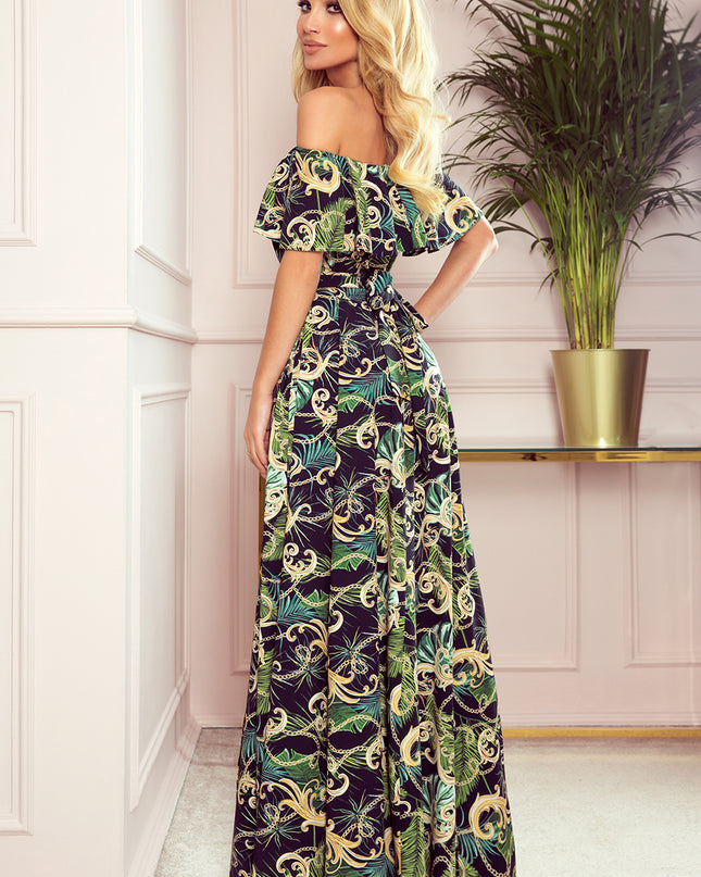 14019-4-194-4 Langes Kleid mit Rüschen - grüne Blätter und Goldketten-4