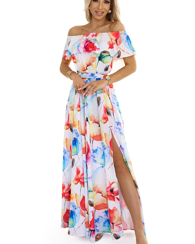 19982-7-Langes Sommerkleid mit Gürtel - buntes Blumenmuster ?-7