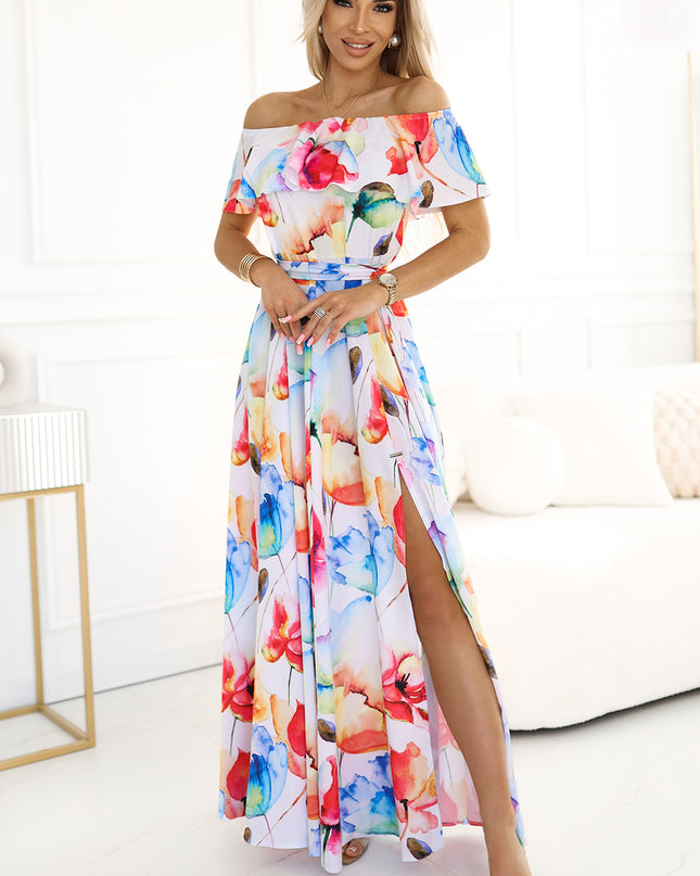 19982-1-Langes Sommerkleid mit Gürtel - buntes Blumenmuster ?-1