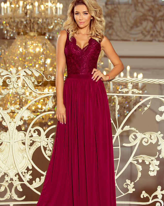 12387-1-211-2 LEA langes Kleid mit Spitzen-Ausschnitt - Burgunder Farbe-1