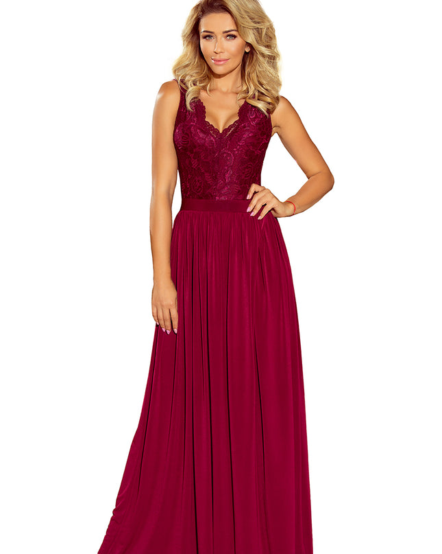 12387-5-211-2 LEA langes Kleid mit Spitzen-Ausschnitt - Burgunder Farbe-5