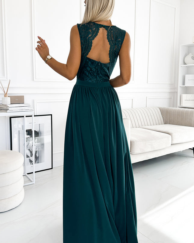 18626-2-211-6 LEA langes Kleid mit Spitzen-Ausschnitt - Grün-2