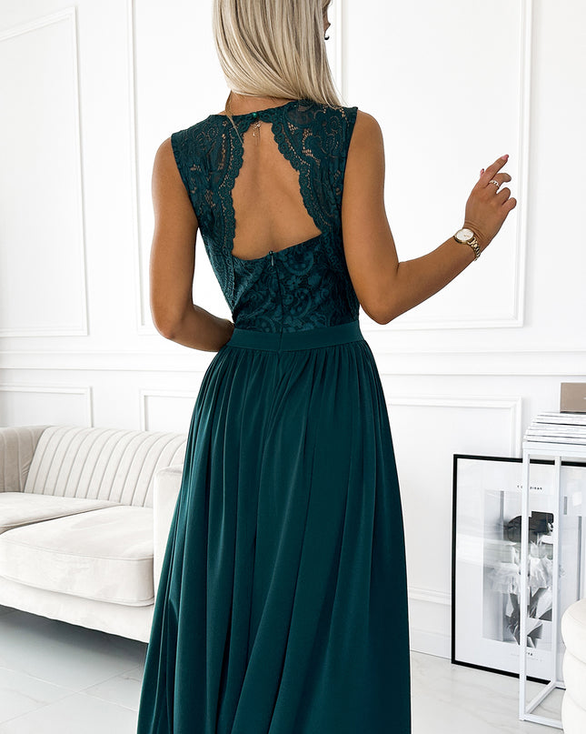 18626-5-211-6 LEA langes Kleid mit Spitzen-Ausschnitt - Grün-5