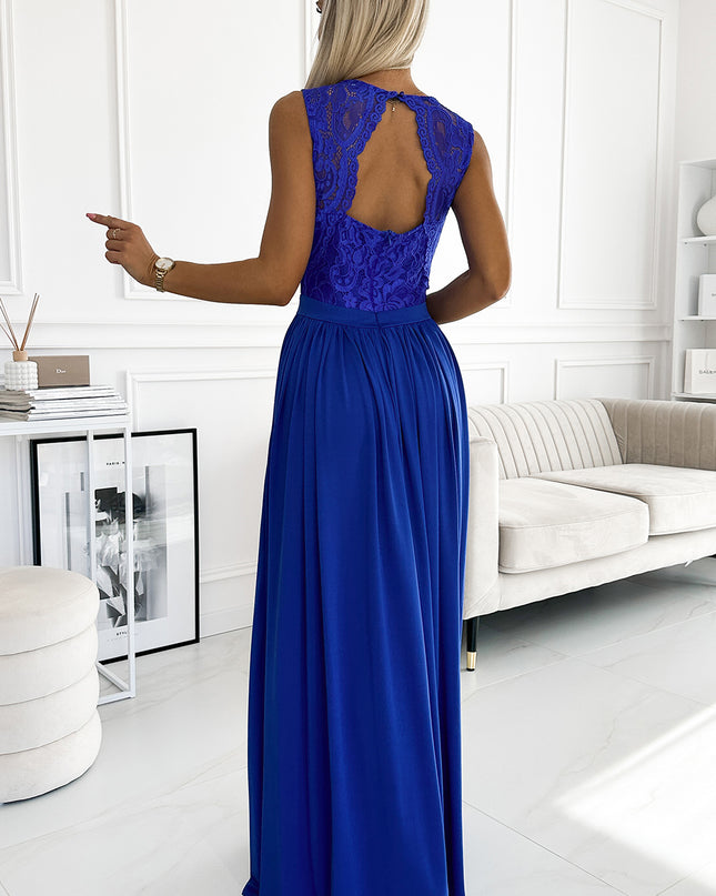 18687-2-211-7 LEA langes Kleid mit Spitzen-Ausschnitt - blau-2