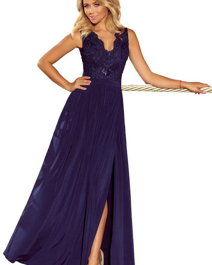 12206-6-215-2 LEA langes ärmelloses Kleid mit aufgesticktem Dekolleté - dunkelblau-6