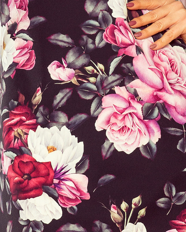 13086-6-217-5 NEVA Trapezförmiges Kleid mit ausgestellten Ärmeln - schwarz + blumen-6