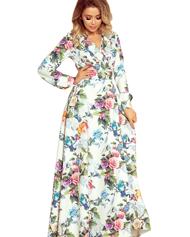 13160-5-245-1 Langes Kleid mit Rüschen und Dekolleté - bunte Rosen und blaue Vögel-5