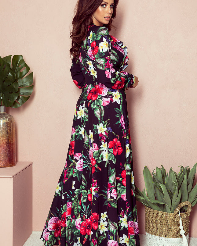 13462-5-245-3 Langes Kleid mit Rüschen und Dekolleté - rote Blumen-5