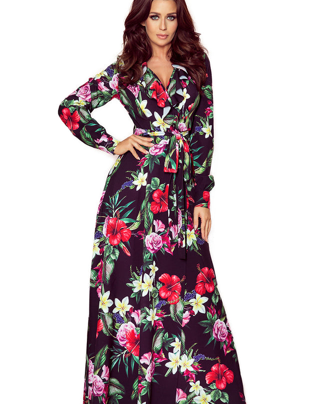 13462-10-245-3 Langes Kleid mit Rüschen und Dekolleté - rote Blumen-10