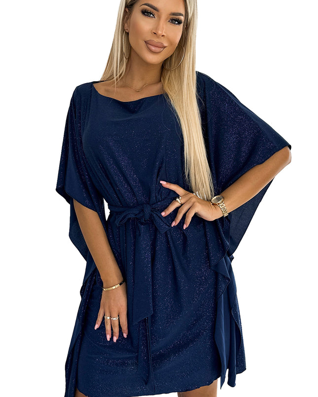 18546-6-287-25 SOFIA Schmetterlingskleid mit Bindeband in der Taille - Marineblau mit Glitzer-6