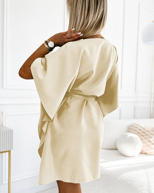 19352-3-287-28 SOFIA Schmetterlingskleid mit Bindeband in der Taille - beige-3