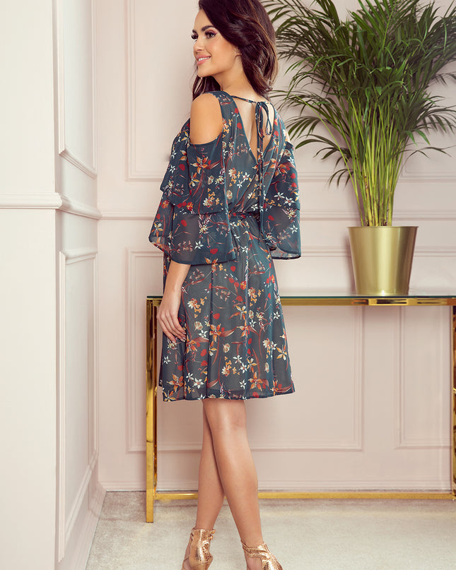 14076-2-292-2 MARINA Kleid mit Ausschnitt - grün mit Blumen-2