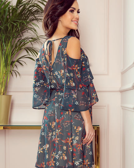 14076-4-292-2 MARINA Kleid mit Ausschnitt - grün mit Blumen-4