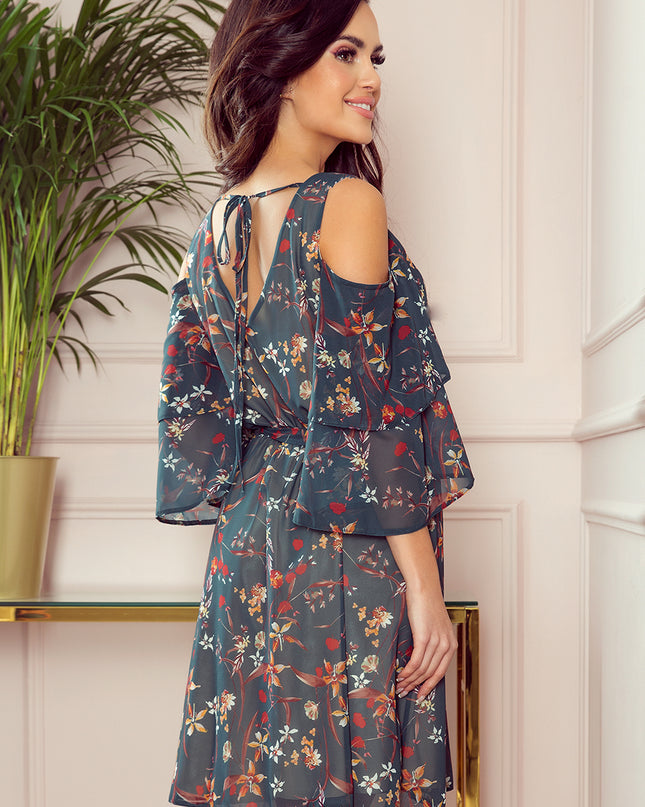 14076-4-292-2 MARINA Kleid mit Ausschnitt - grün mit Blumen-4