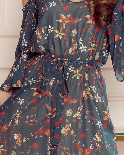 14076-5-292-2 MARINA Kleid mit Ausschnitt - grün mit Blumen-5